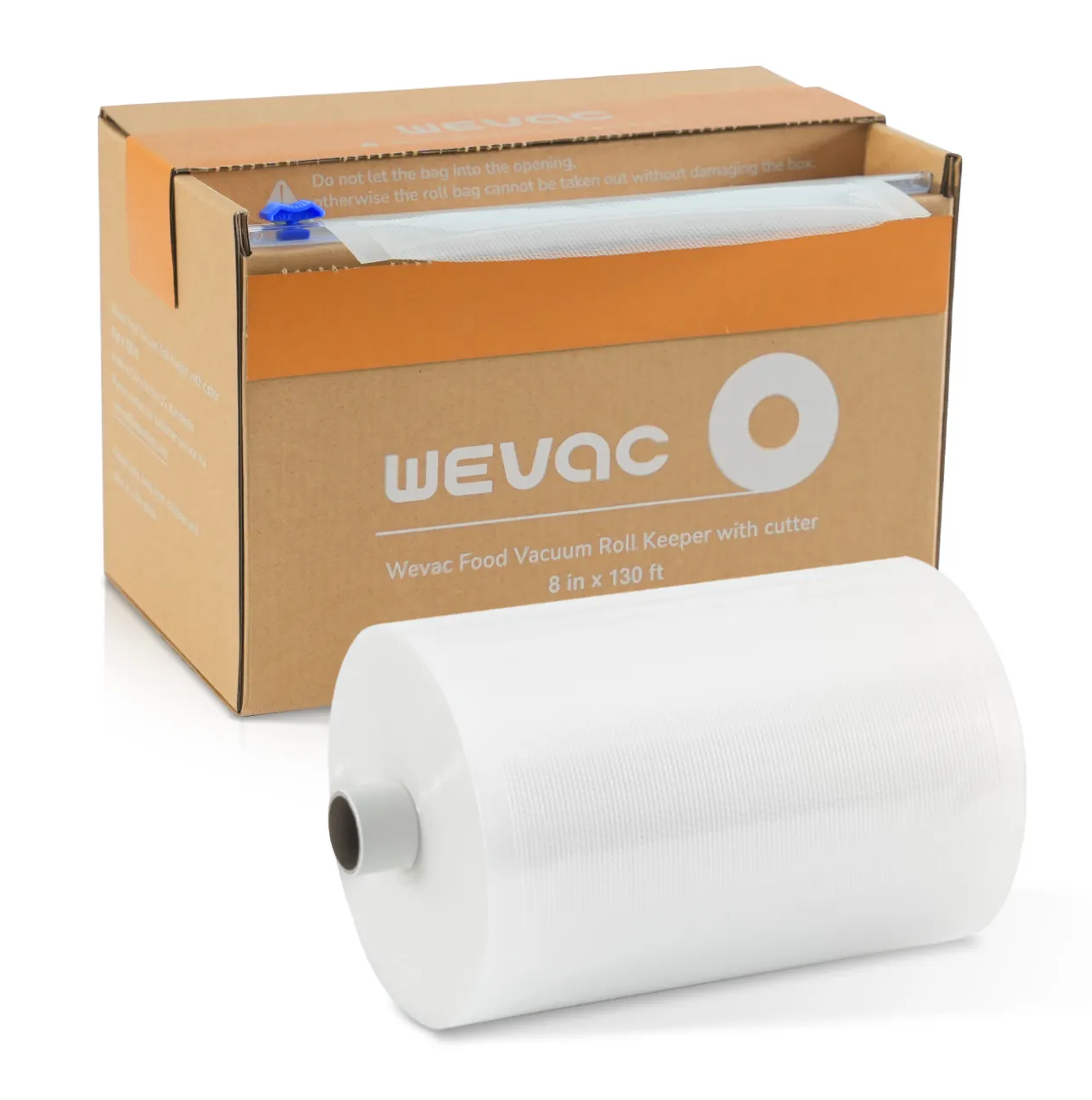 A roll of plastic is shown in front of a cardboard box that holds the roll, which has a cutter built in.