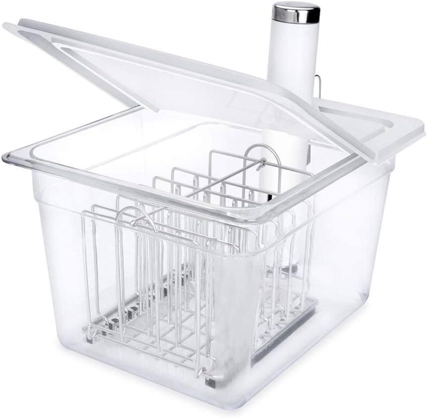 A rectangular, clear tub has a hinged lid and a metal rack inside. 