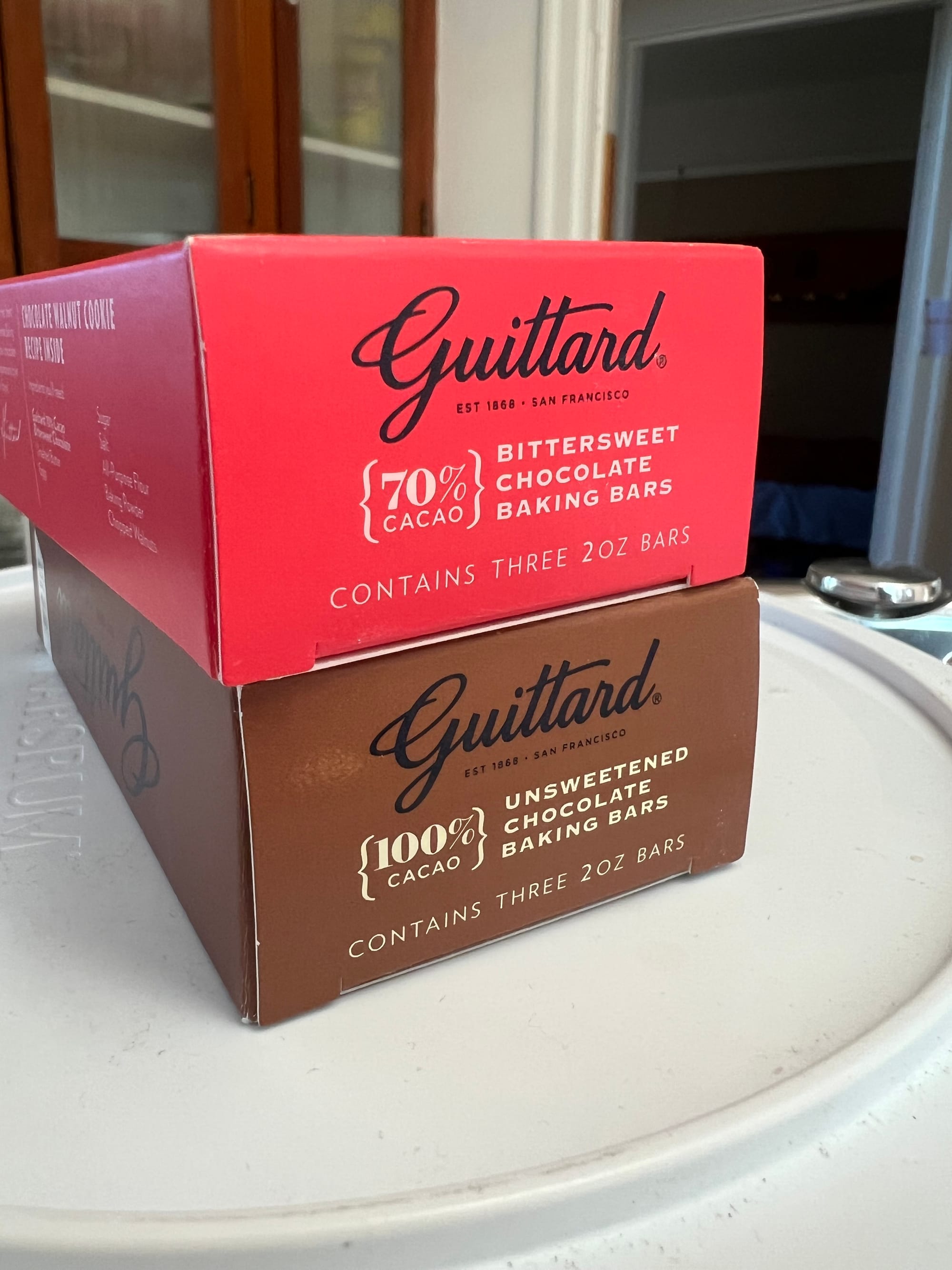 Boxes of Guittard baking chocolate, 70% cacao and 100% cacao