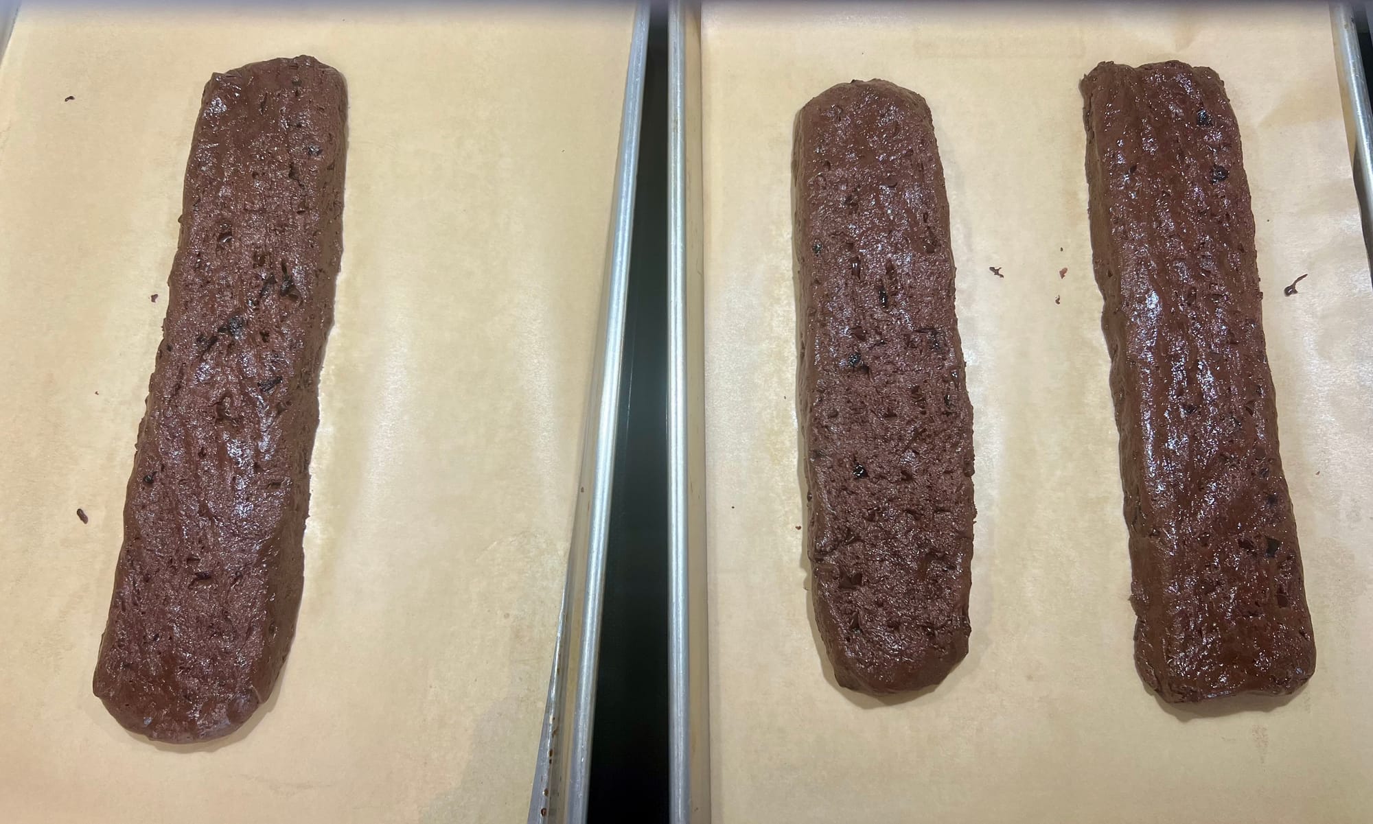 Dough has been shaped into three logs, each about 2.5" wide 12" long, and an inch thick. Two are on one baking sheet, and one on another sheet. 