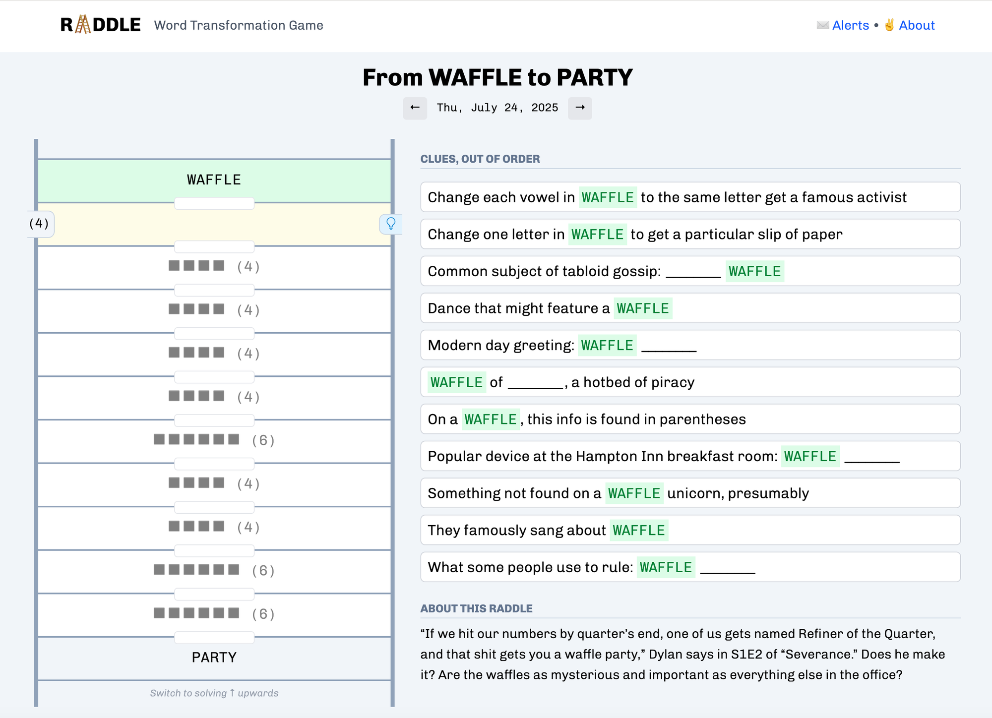 An example word ladder from Raddle, linking "waffle" to "party," a nod to the TV show Severance.