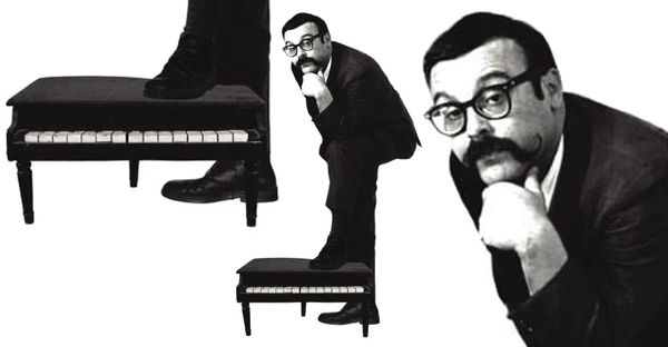 A photo of Vince Guaraldi, with his big handlebar mustache and heavy-rimmed glasses. He's standing next to a small piano.