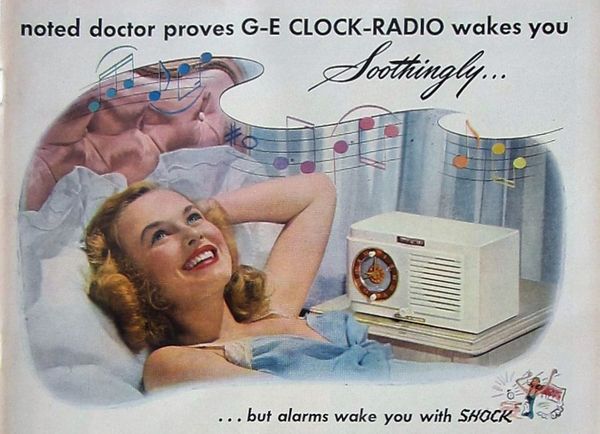 Vintage ad for an alarm radio: "Noted doctor proves GE Clock-Radio wakes you Soothingly... but alarms wake you with SHOCK"