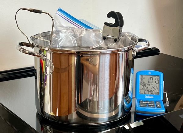 A large cooking pot full of water is on a stovetop, with a Ziploc bag inside and clipped to the edge. A thermometer probe is in the water, and the display reads 101.3°.