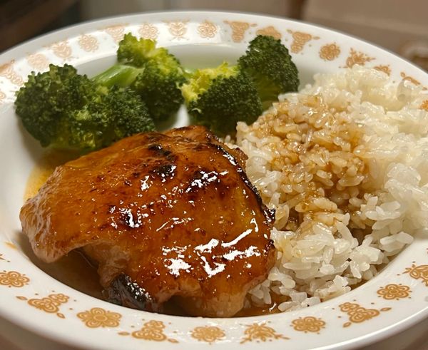 A lightly charred chicken breast is glistening with a golden, shiny sauce. It is on a place next to rice and broccoli.