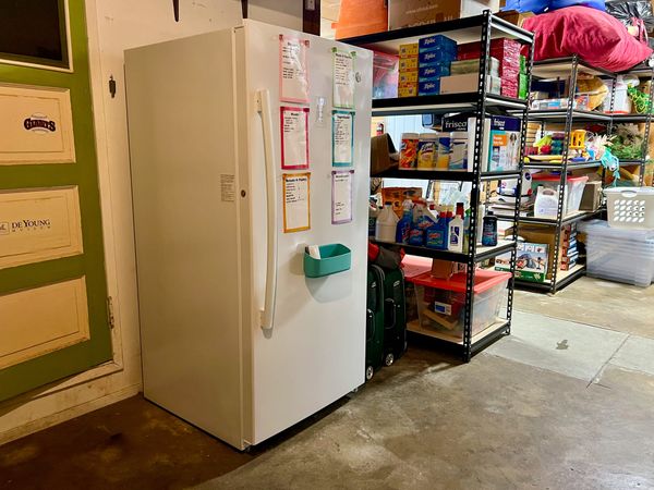 Our garage, with a freezer and several large industrial shelves. And a clean floor!