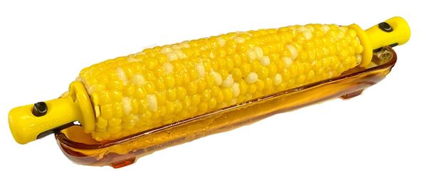 Corn on the cob, buttered, with handles on each end, and sitting in a glass bowl just the right size to hold it.