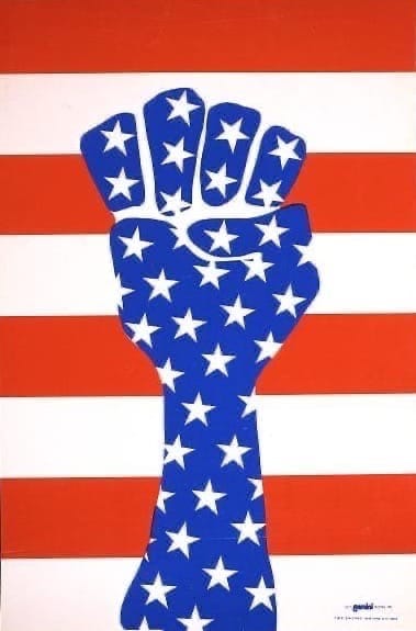 An illustration of a closed fist headed toward the sky. The fist is solid blue with white stars and the field behind it is red and white stripes.