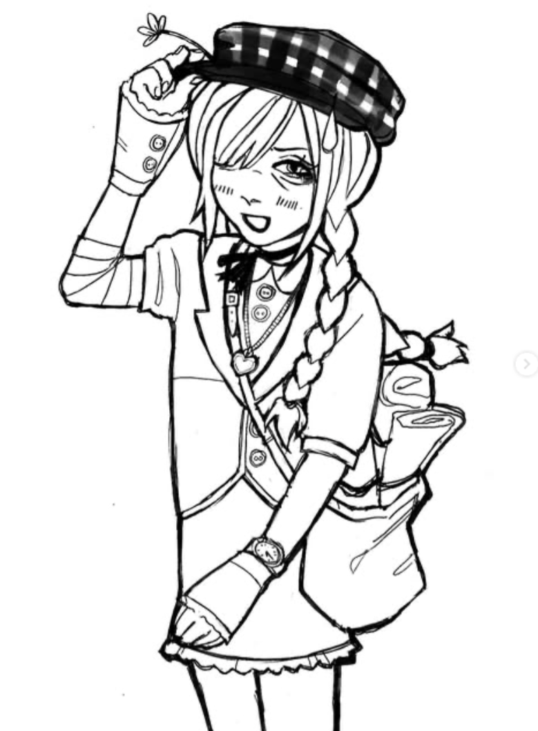 A girl with a skirt, a short jacket, French cuffs, a long braid, and a newspaper delivery bag. Drawn digitally in black and white.