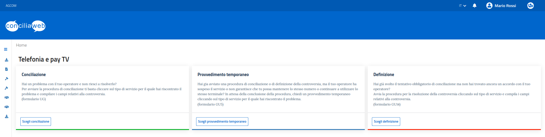 Interfaccia utente ConciliaWeb: selezione del Formulario UG dal menu a tendina per inserire una nuova istanza di conciliazione telefonica.