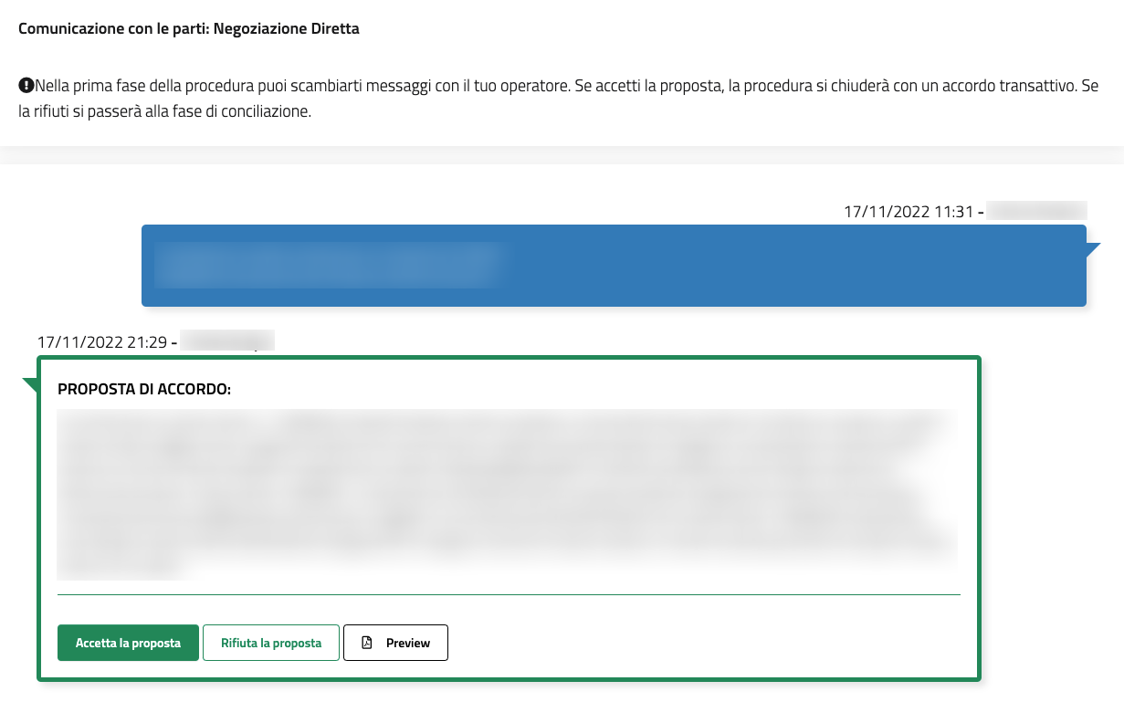 Schermata Negoziazione Diretta su ConciliaWeb: interfaccia di chat dove l'utente e l'operatore telefonico si scambiano proposte di rimborso.
