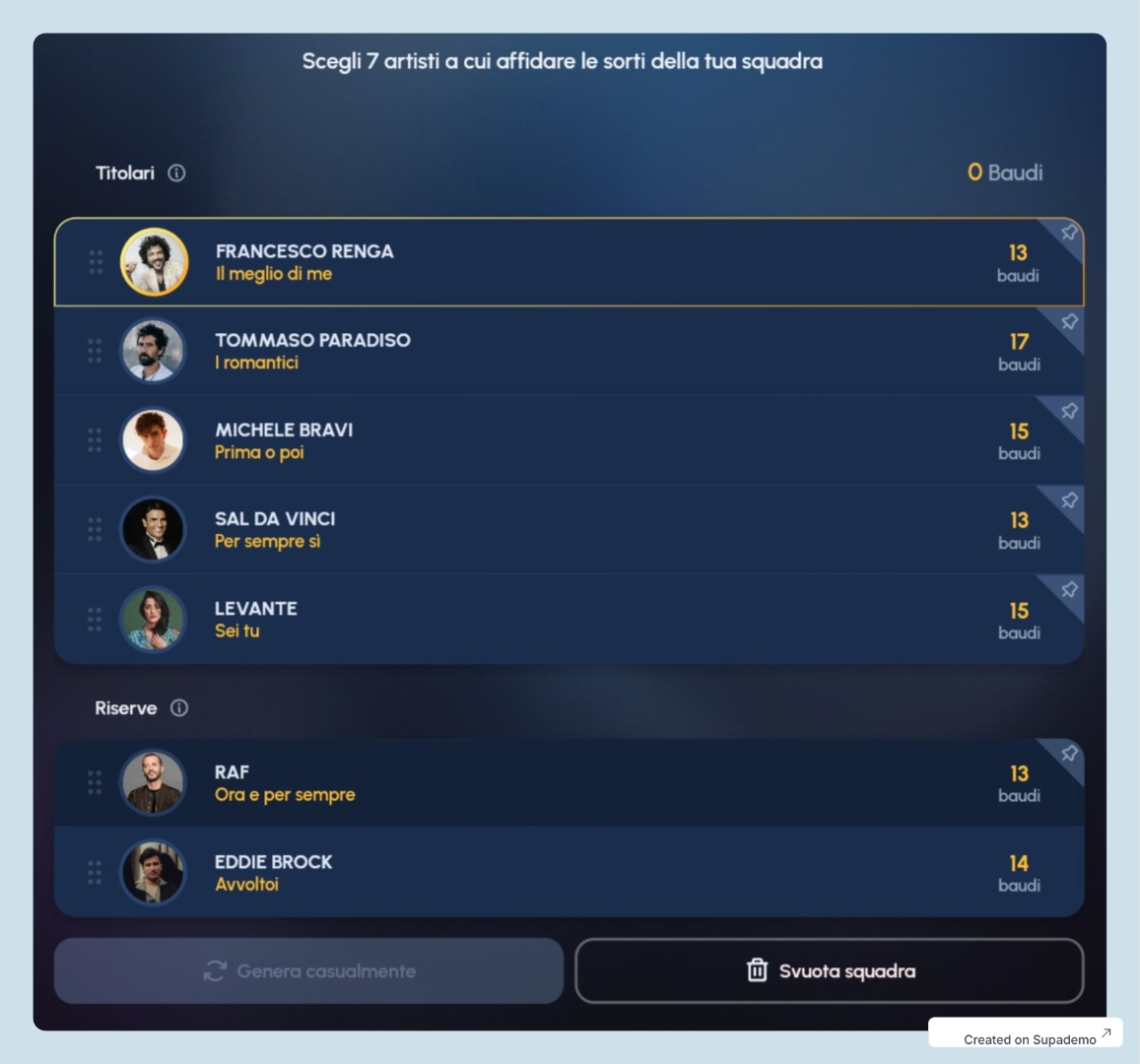 Crea la squadra di 7 artisti su fantasanremo.com