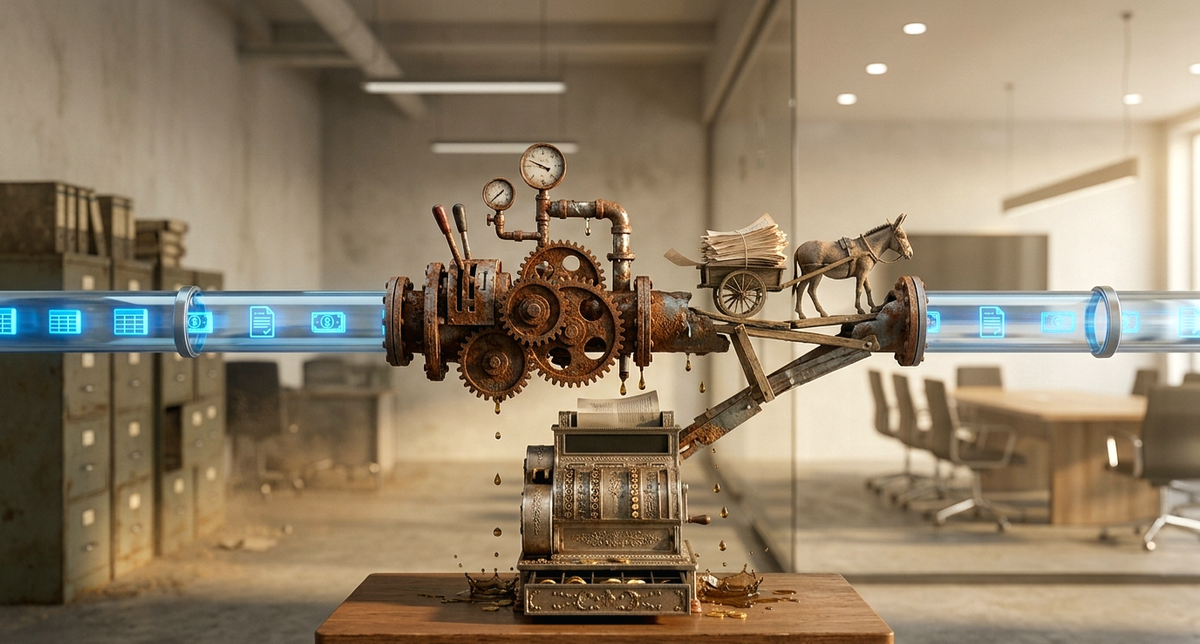 Surreal digital illustration of digital data flowing through a glass pipe, interrupted by a rusty, leaking steampunk gear machine where a miniature donkey cart manually moves paper documents.