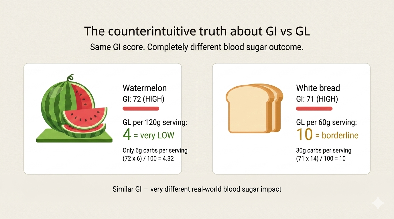 Watermelon paradox showing high glycemic index but low glycemic load per serving