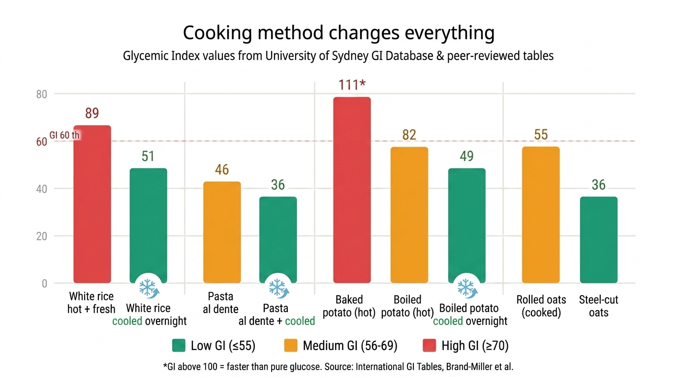 How cooking method changes the glycemic index of rice pasta and potato