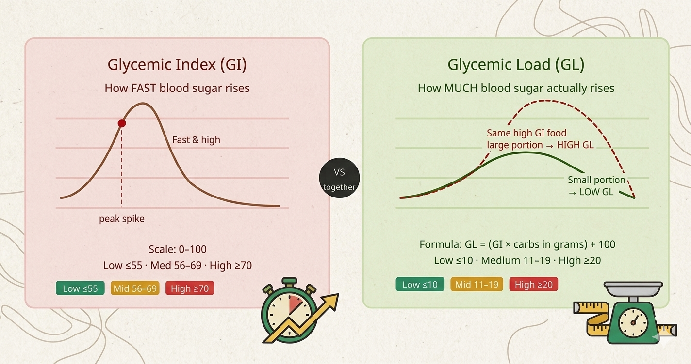 Glycemic index scale showing low medium and high GI food categories