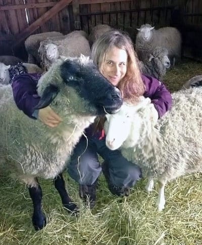 Hanna hugging a pair of sheep in a barn