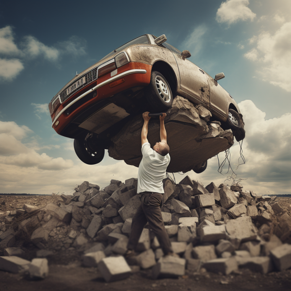 A man lifting his car with ease