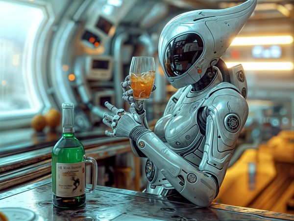 A robot in a space station, holding a glass of orange liquid, symbolizing the start of a new day for an interstellar hero.