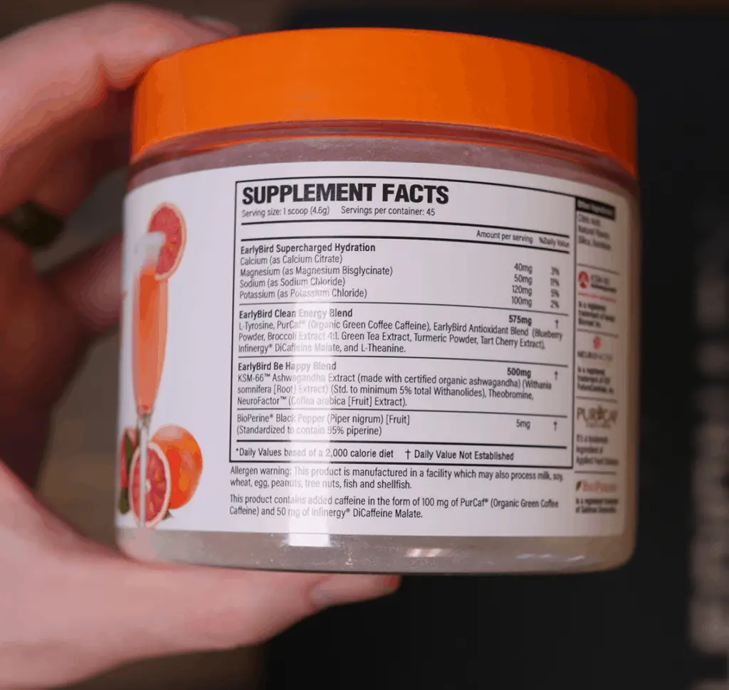 EarlyBird Morning Cocktail ingredients and nutrition label