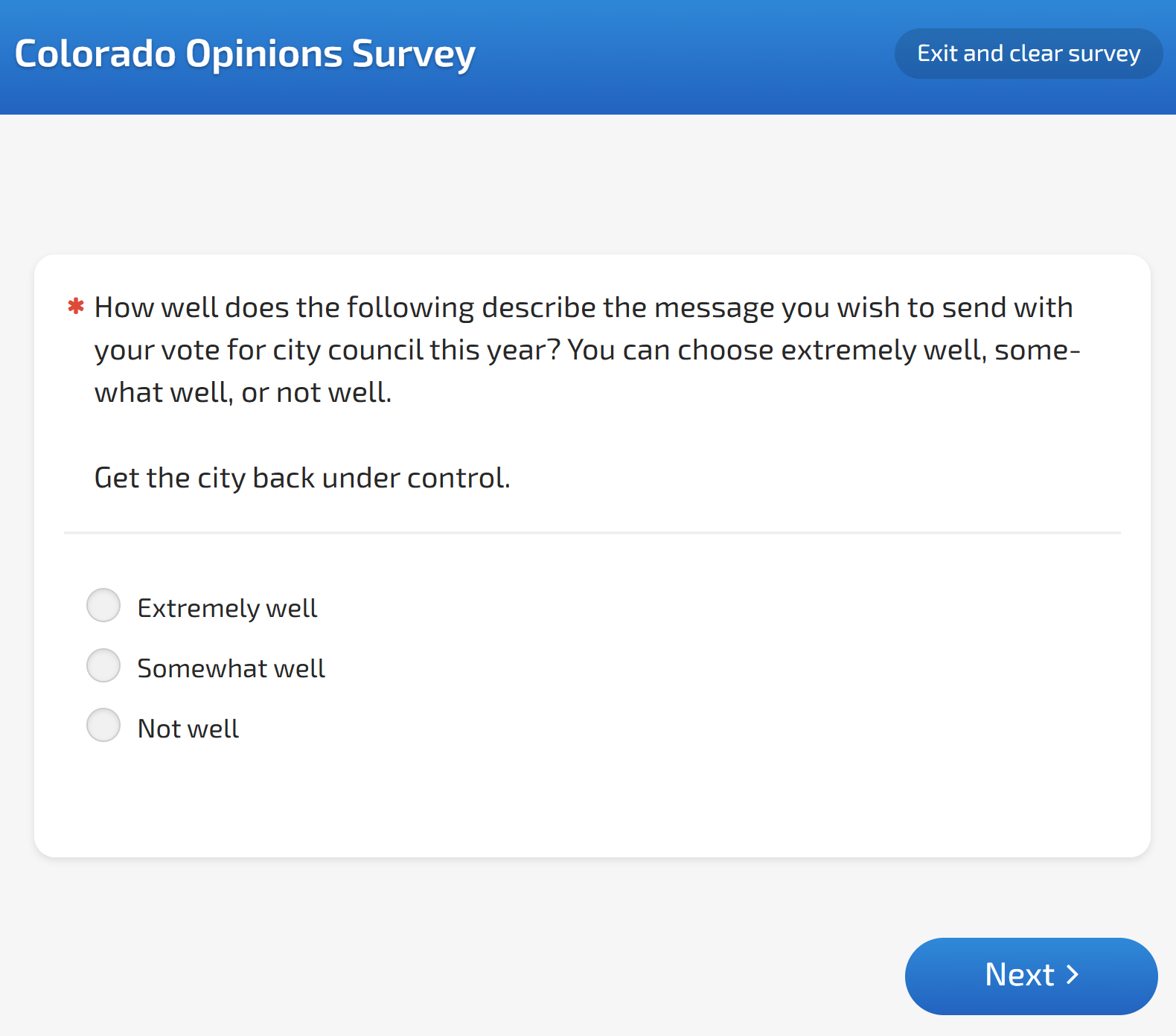 A poll question states "Get the city back under control" and gives two options for "well" and one for "not well."