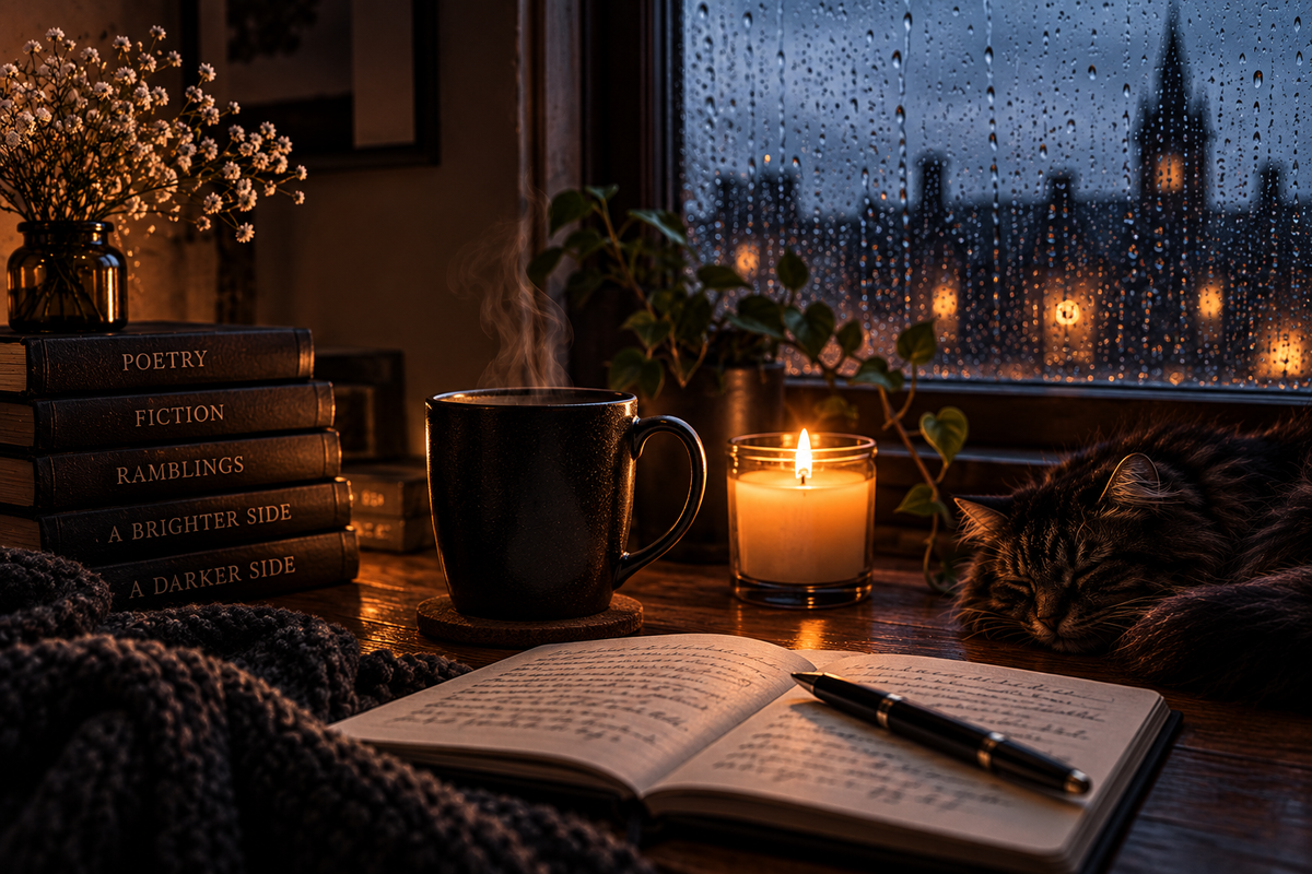 Candlelit writing desk beside a rain-streaked window, with books, an open journal, steaming mug, flowers and a sleeping cat