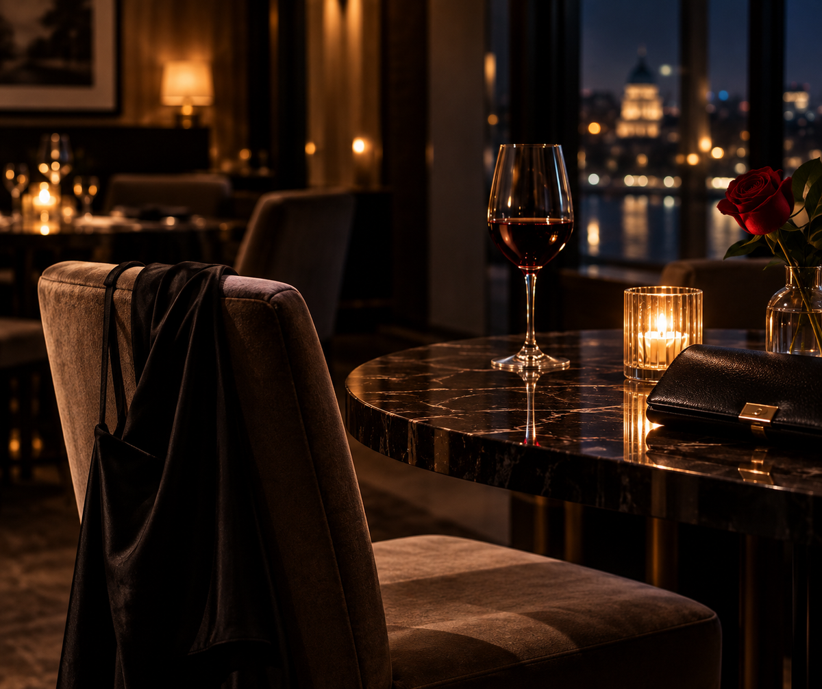 Candlelit hotel restaurant table with red wine, a rose and a black clutch, creating an intimate evening atmosphere.
