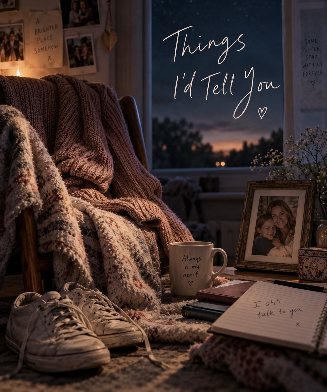 A softly lit bedroom at dusk, with a knitted jumper and floral blanket draped over a chair, worn shoes on the floor, and a mug beside a framed photograph of a mother and daughter. A notebook 