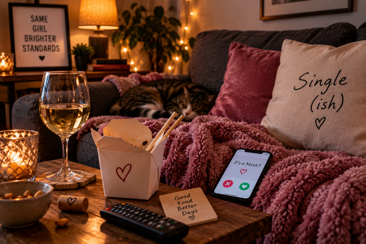Cosy living room with wine, takeaway, candles and a phone showing a dating app, suggesting a single night in.