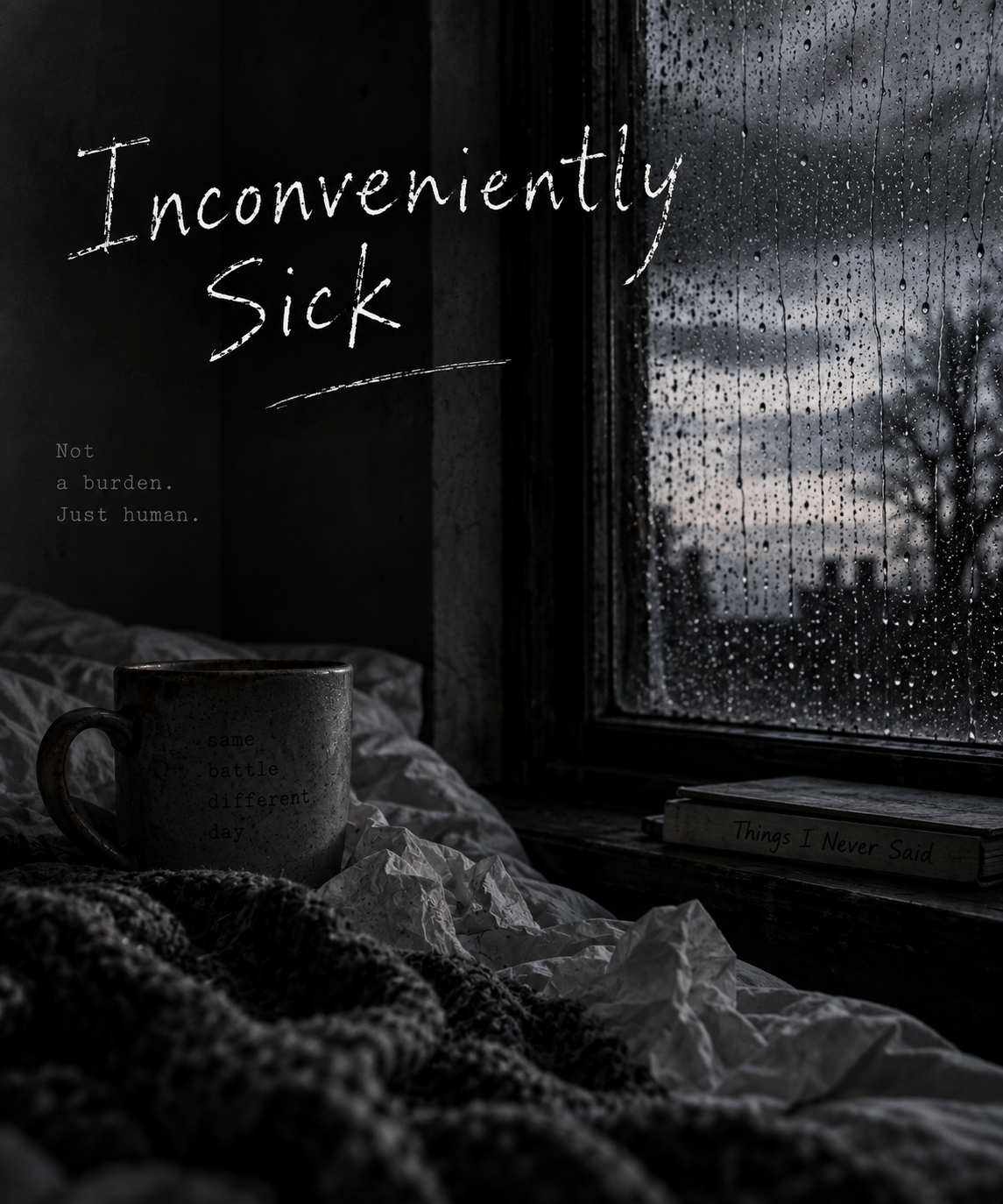 A dark, desaturated bedroom on a rainy day. A rumpled bed and scattered tissues sit in the foreground beside a worn mug. Rain streaks a window overlooking bare trees, while a book titled Thin