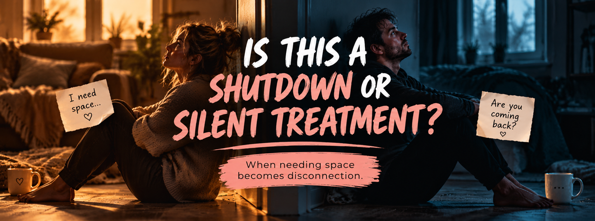 A couple sit apart in warm and cool lighting, separated by a doorway, representing emotional distance, silence and the uncertainty between needing space and silent treatment.