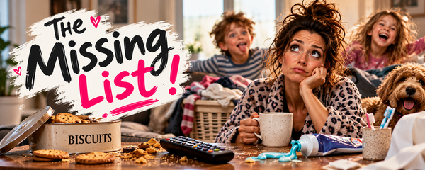 A humorous family-home scene showing an exhausted mum holding a mug while children and a dog create chaos behind her, surrounded by biscuits, a TV remote, laundry and spilled toothpaste. 