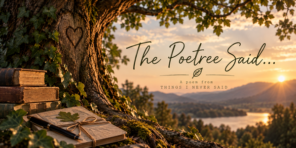 A warm, cinematic banner featuring a large ivy-covered tree beside an open journal and old books, with a peaceful lake and mountains in the sunset beyond.