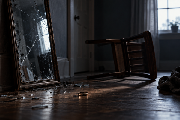 Cracked mirror, overturned chair and wedding ring in a dim room.
