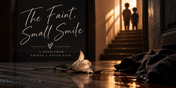 A dark, atmospheric hallway with golden light shining from a staircase where two indistinct childlike figures stand. A white lily lies on the reflective floor beside a dark garment. 