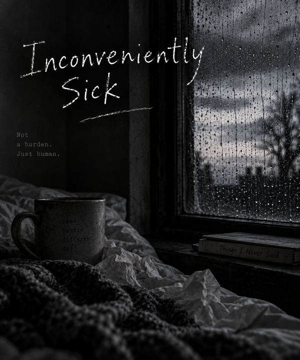 A dark, desaturated bedroom on a rainy day. A rumpled bed and scattered tissues sit in the foreground beside a worn mug. Rain streaks a window overlooking bare trees, while a book titled Thin