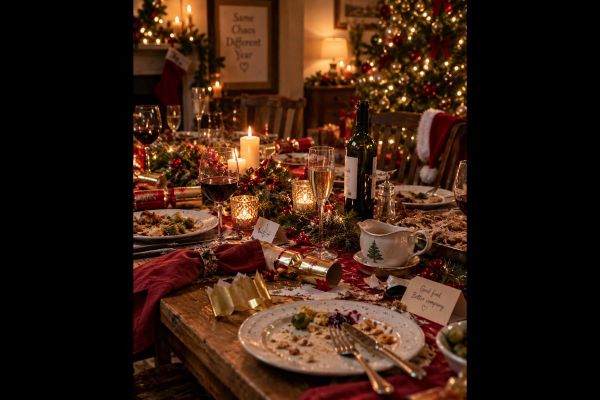 Warmly lit Christmas dinner table with candles, festive decorations, wine glasses and leftover food