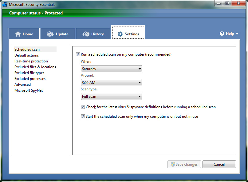 Microsoft Security Essentials Settings