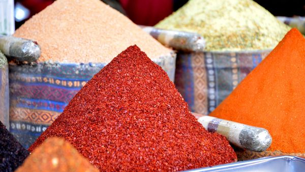 Heaps of paprika and other ground spices on sale at the Spice Bazaar in Istanbul