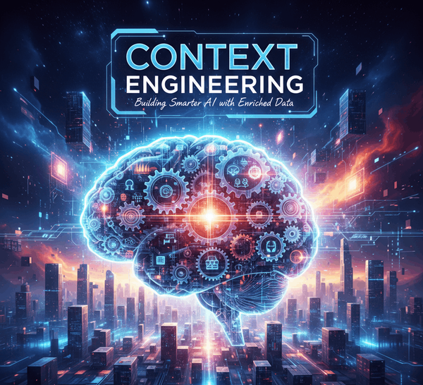 A futuristic, high-contrast digital illustration titled 'CONTEXT ENGINEERING' in glowing blue text.