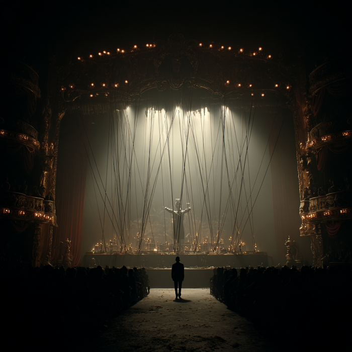 A lone figure faces the grand theater where The Leader performs. Puppet strings descend from above as the crowd watches the hollow show of manufactured fear and division.