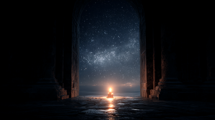 A single, glowing candle sits on the stone floor of a dark, ancient archway, illuminating a path that opens directly into a vast and starry cosmos.