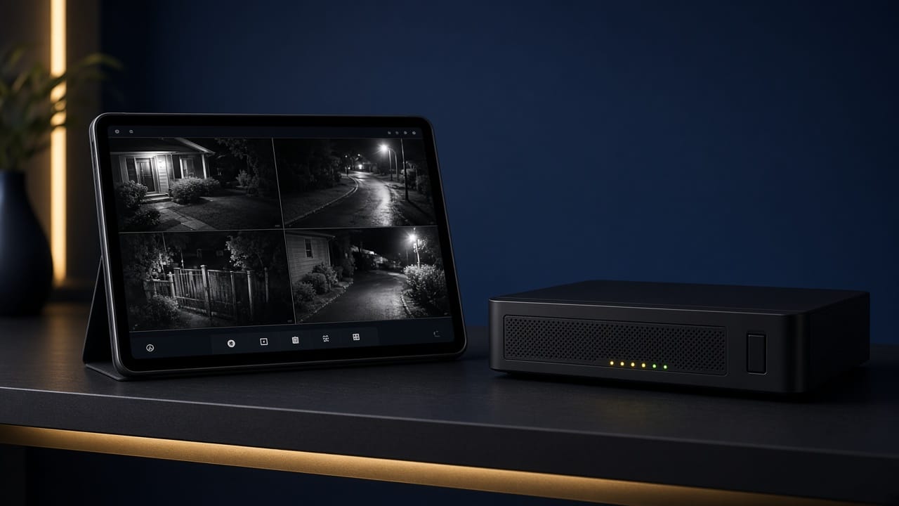 Tablet showing live multi-camera night feeds beside a network video recorder