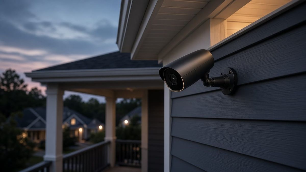 Modern outdoor bullet security camera mounted under a home eave at dusk