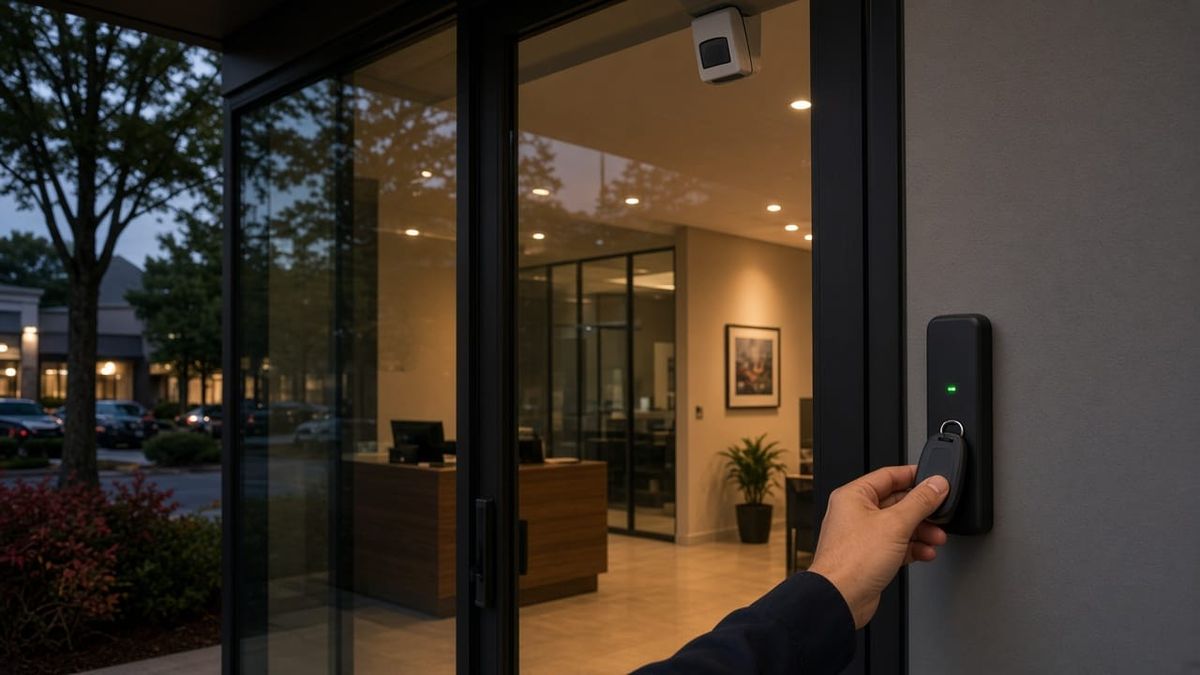 Hand tapping a key fob on a black card reader with a green light beside the glass front door of a small office at dusk