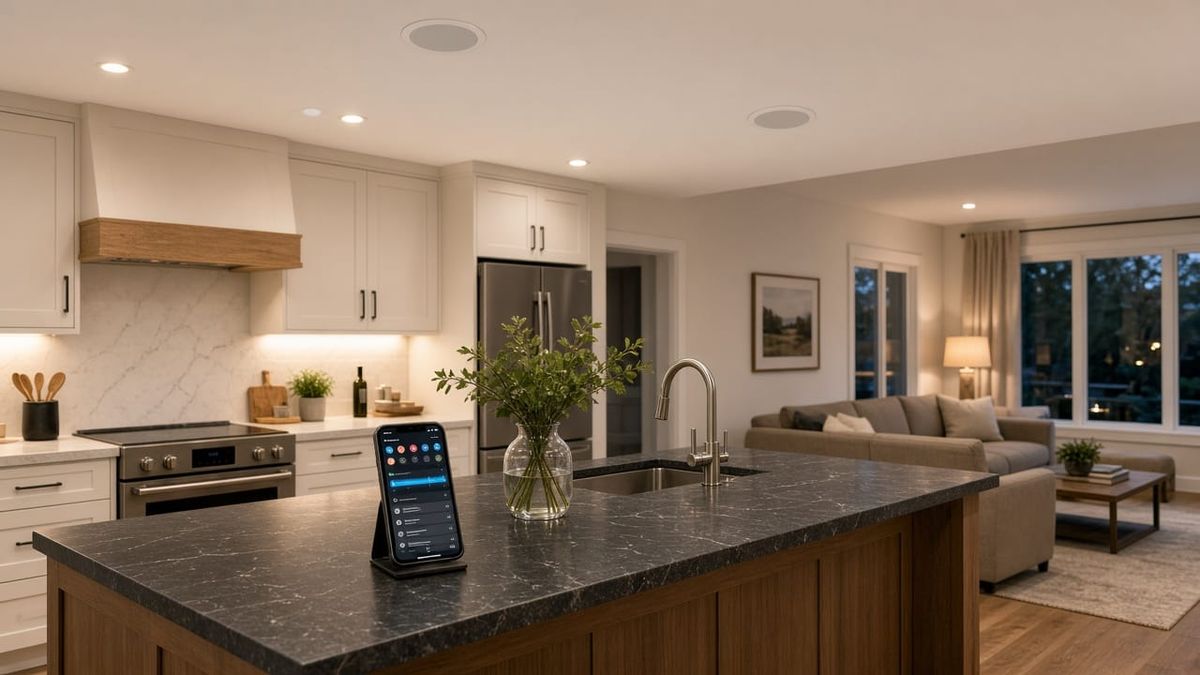 Finished kitchen and living room at dusk with two flush in-ceiling speakers and a phone on the island showing a music app