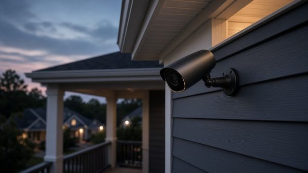 Modern outdoor bullet security camera mounted under a home eave at dusk