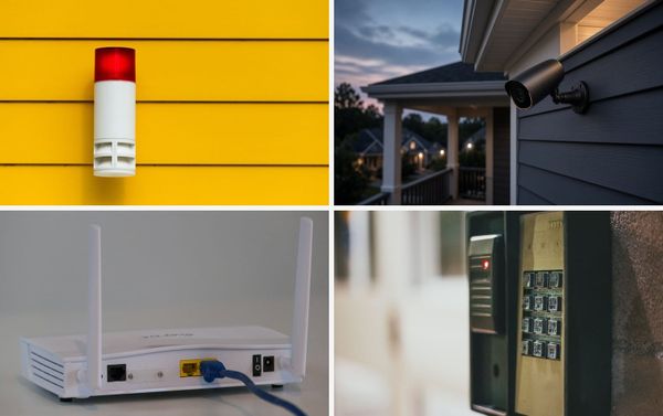 Collage of this week's AlphaLVC topics: alarms, CCTV, networking, and access control
