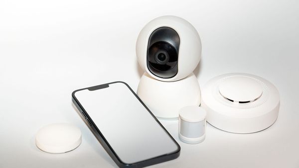 Smartphone beside a motion sensor, indoor camera, and other smart alarm sensors on a white surface