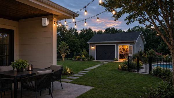 Suburban backyard at dusk with a covered patio, an outdoor wireless access point under the eave, a detached garage workshop, and a fenced pool